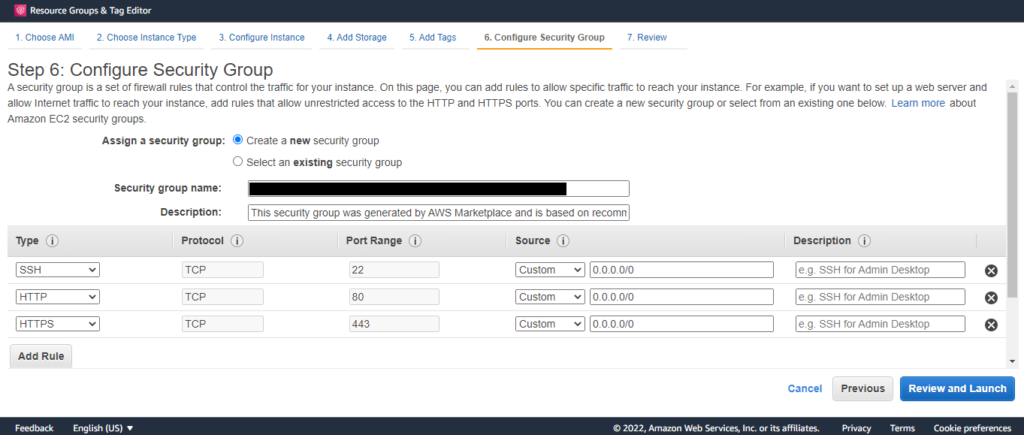 Configure Security Group step in implementing AWS S3 backup | Zmanda