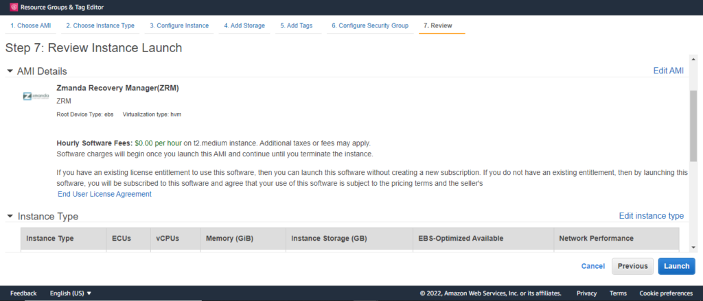 Review Instance Launch step in implementing AWS S3 backup | Zmanda