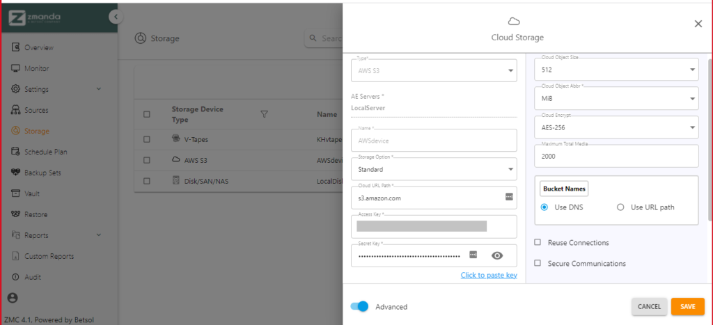 Cloud storage options in AWS S3 backup on ZMC | Zmanda