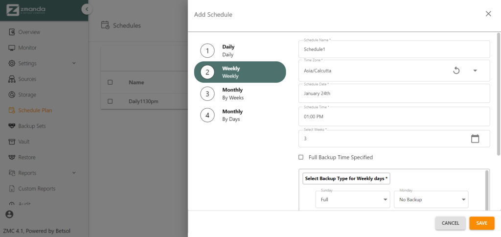 Creating a schedule | Zmanda