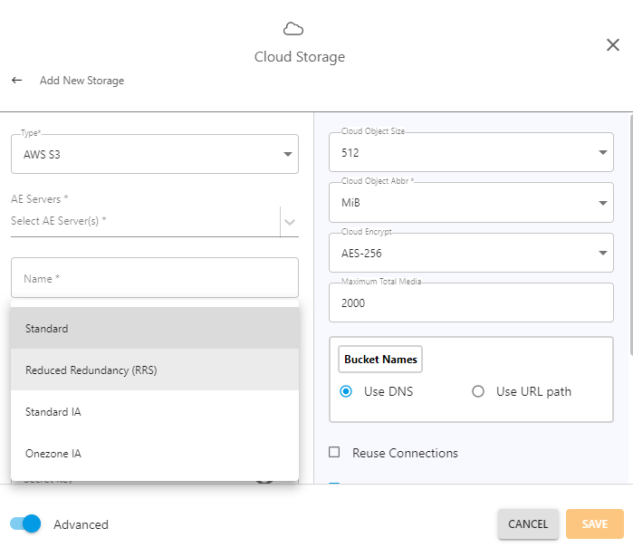 Cloud Storage dropdown for AWS S3