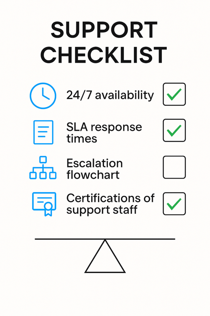 The image shows a "SUPPORT CHECKLIST" with four key items to evaluate business continuity support services.
