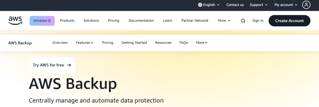 AWS Backup Homepage