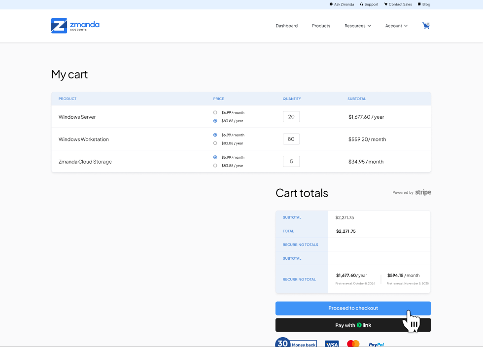 Zmanda Pro Licensing Portal Checkout Page