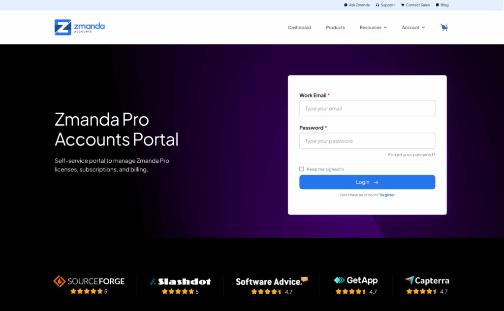 Zmanda Pro Licensing Portal Homepage