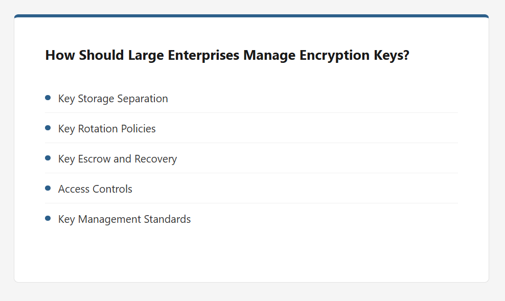 Enterprise backup encryption keys management for large enter[rises infographic
-Key Storage Separation
-Key Rotation Policies
-Key Escrow and Recovery
-Access Controls
-Key Management Standards
