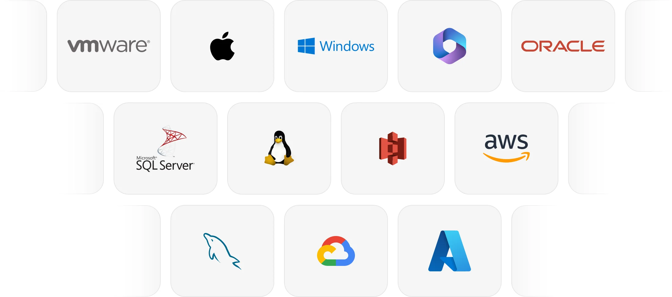 Supported workloads: VMware, macOS, Windows, Microsoft 365, Oracle, SQL Server, Linux, Amazon S3, AWS, MySQL, Google Cloud, Azure